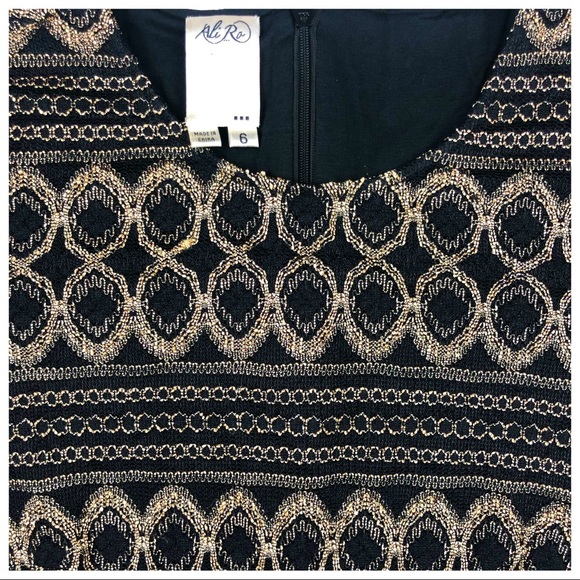 Ali Ro Size 6 Black Gold Knit Fit and Flare Dress - Picture 6 of 8